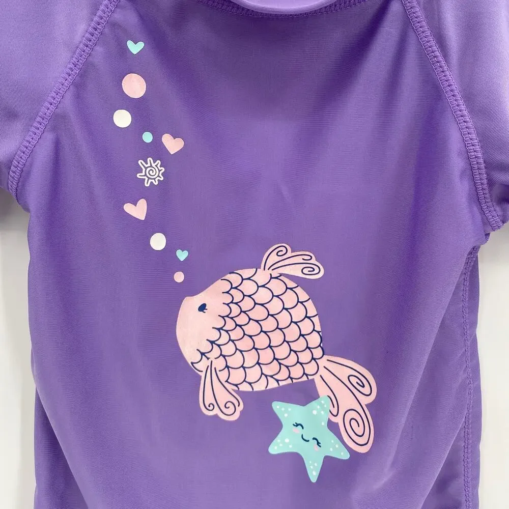 UV Skinz Fish Print Short Sleeve Rashguard UPF 50 Purple Girl's Size 6 Stretch